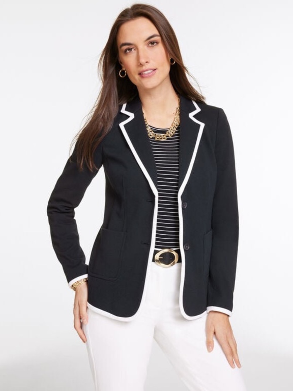 Talbots pique knit blazer 2 button piped black with white trim women’s size 8